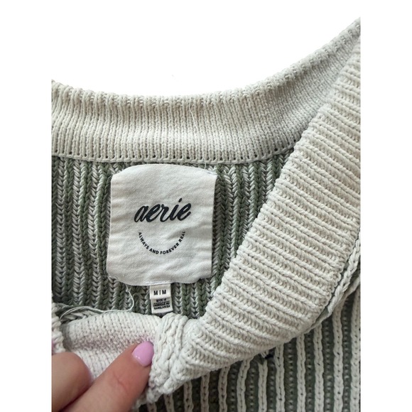 Aerie Womens Oversized Ribbed V-Neck Sweater Sage Green Cream Striped Medium - Picture 3 of 3